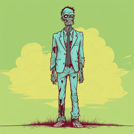 the zombie, depicted in a simple yet striking line art vector style, stands upright in a full-body pose, showcasing its undead features, from its tattered clothes to its gruesome facial expression, perfect for horror-themed designs and illustrations. ai generatedの素材