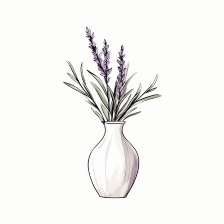 the vase, adorned with delicate simple line art, stands elegantly against a pristine white background, showcasing its slender curves and subtle beauty, while a few sprigs of lavender add a touch of soft, soothing charm to this serene and minimalist still life composition. ai generatedの素材