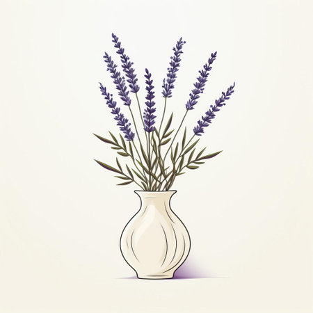 the vase, elegantly illustrated in simple line art, stands out against a crisp white background, its delicate curves and lines beautifully accentuated, while a sprig of lavender adds a touch of soft, soothing color to this serene and minimalist design. ai generatedの素材