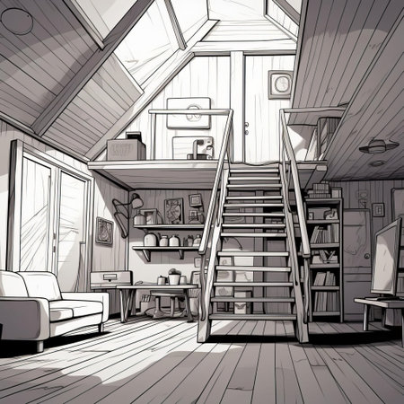 the loft, illuminated by natural light pouring in through the large windows, is elegantly depicted in this simple line art illustration, showcasing the beauty of minimalist design and modern architecture, perfect for interior design inspiration and home decor ideas. ai generatedの素材