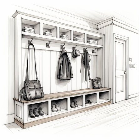 the mudroom illustration, set against a clean white background, showcases a minimalist design with simple line art, perfect for adding a touch of modern elegance to any room's decor, while also highlighting the functionality and organization of a well-designed entryway space. ai generatedの素材
