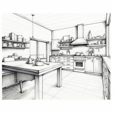 the kitchen, illustrated in simple line art, stands out against a crisp white background, showcasing the beauty of minimalist design, perfect for modern home decor, cooking enthusiasts, and those who appreciate clean aesthetics in their culinary space. ai generatedの素材