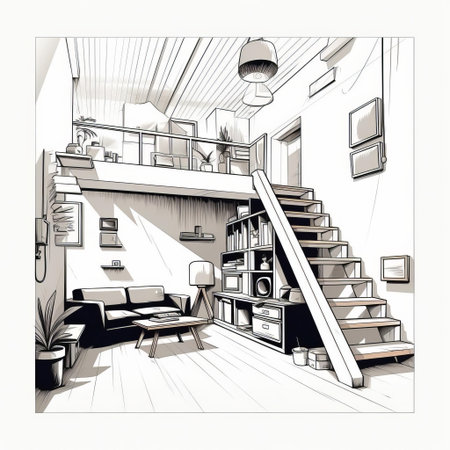 the loft, a symbol of modern urban living, is beautifully captured in this simple line art illustration, showcasing the clean lines, minimal decor, and industrial chic aesthetic of a converted warehouse apartment, perfect for young professionals and artists seeking a trendy living space. ai generatedの素材