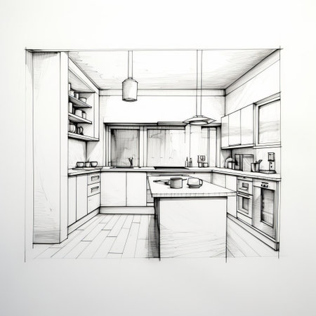 the kitchen, a hub of culinary creativity, is elegantly depicted in this minimalist line art illustration, set against a crisp white background, evoking a sense of cleanliness and simplicity, perfect for modern home decor, cooking enthusiasts, and food bloggers alike. ai generatedの素材