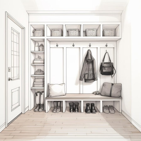 the mudroom illustration, set against a crisp white background, showcases a minimalist design with simple line art, highlighting the essential elements of a functional entryway, perfect for decorating a home or office with a touch of modern simplicity and elegance. ai generatedの素材