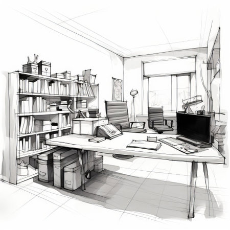 the office illustration, created in simple line art style, stands out against a clean white background, showcasing a minimalist workspace with a desk, chair, and few essential items, perfect for modern business or corporate design projects. ai generatedの素材