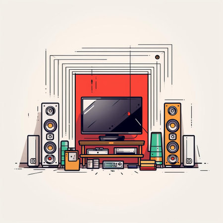 a minimalist home theater setup is elegantly depicted in this simple line art illustration, showcasing a sleek tv, compact speakers, and a cozy seating arrangement, perfect for an intimate movie night or gaming session, evoking a sense of modern relaxation and entertainment. ai generatedの素材