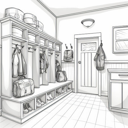 the mudroom illustration features a minimalist design with simple line art, showcasing a functional space with hooks for hanging coats and bags, a bench for seating, and a shelf for storing shoes and accessories, perfect for a clutter-free and organized entryway. ai generatedの素材