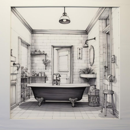the bathroom illustration showcases a minimalist approach to interior design, featuring simple line art of a sink, toilet, shower, and mirror, creating a clean and modern aesthetic perfect for decorating a contemporary home or apartment, emphasizing functionality and elegance. ai generatedの素材