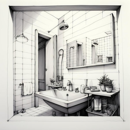 the bathroom illustration showcases a minimalist design with simple line art, featuring a sink, toilet, shower, and mirror, all rendered in a clean and elegant style, perfect for modern interior design inspiration and home decor ideas. ai generatedの素材