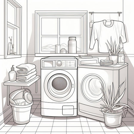 the laundry room illustration features a minimalist design with simple line art, showcasing a washer, dryer, and sink against a clean white background, perfect for modern home decor, organization, and cleaning enthusiasts seeking a touch of simplicity and elegance. ai generatedの素材