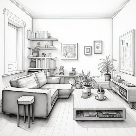 the living room, illustrated in simple line art, exudes a sense of modern minimalism, featuring a sleek sofa, coffee table, and floor lamp, creating a cozy atmosphere perfect for relaxation and entertainment, blending functionality with stylish decor. ai generatedの素材