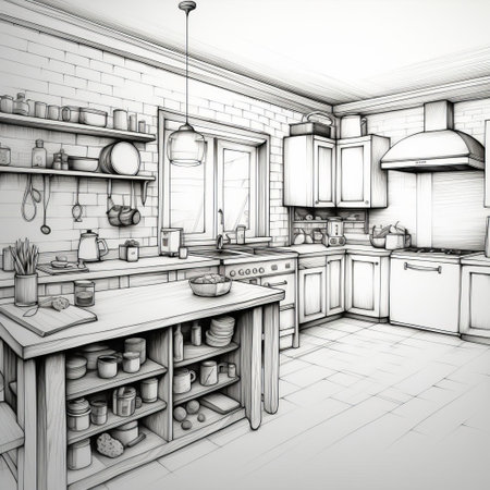 the kitchen illustration features a minimalist design with simple line art, showcasing essential elements like a sink, stove, and refrigerator, creating a clean and modern aesthetic, perfect for home decor, cooking enthusiasts, and those who appreciate simplicity in design. ai generatedの素材