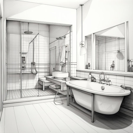 the bathroom illustration features a minimalist design with simple line art, showcasing a sink, toilet, shower, and mirror in a clean and modern aesthetic, perfect for home decor inspiration or interior design projects focused on simplicity and elegance. ai generatedの素材