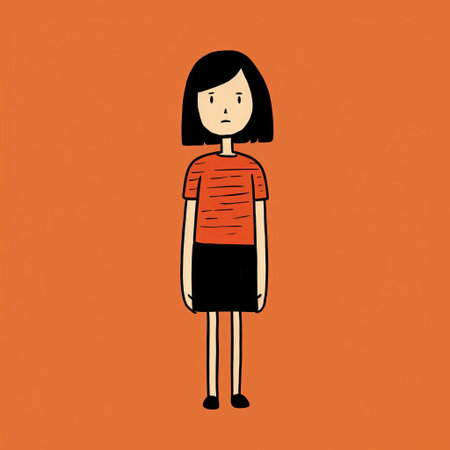 the woman, illustrated in a bold and vibrant style by french artist jean jullien, stands confidently in a full-body pose, showcasing her playful and carefree personality through her bright smile and energetic stance, exuding a sense of modern femininity and youthful charm. ai generatedの素材