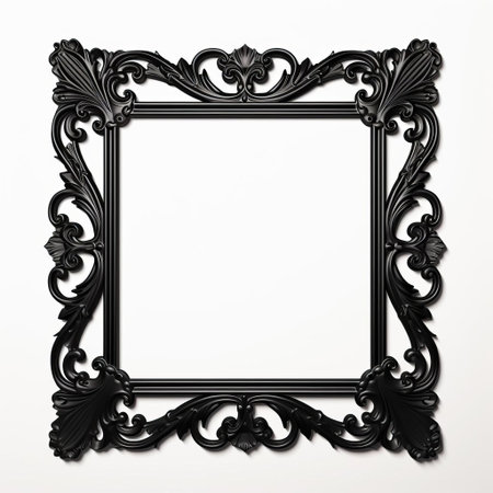 "elegant vintage frame design sits beautifully against a crisp white background, showcasing its intricate flat black details and ornate patterns, perfect for adding a touch of sophistication to any room's decor, wall art, or photography display.", ai generatedの素材