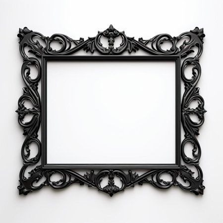 this elegant vintage frame design sits beautifully against a crisp white background, showcasing its intricate flat black details and ornate patterns, perfect for adding a touch of sophistication to any room's decor, wall art, or photography display. ai generatedの素材