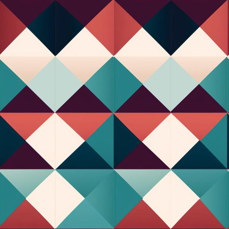the geometric pattern features a modern minimal design with an endless repetition of teal and maroon hues, creating a visually striking and harmonious visual effect, perfect for backgrounds, wallpapers, and design elements that require a touch of sophistication and elegance. ai generatedの素材