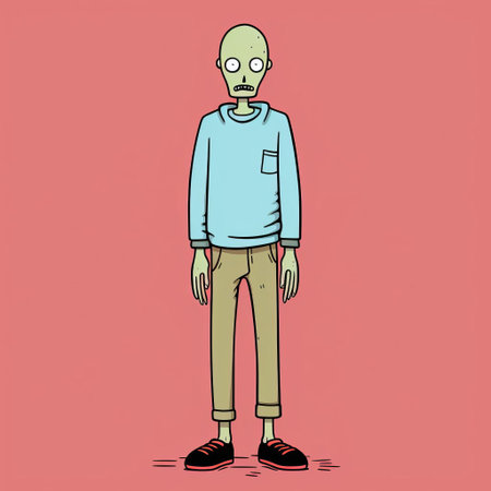 the zombie, illustrated by renowned artist jean jullien, stands upright in a full-body pose, showcasing its gruesome features, from the tattered clothes to the decaying skin, in a humorous and satirical take on the undead, perfect for fans of horror and dark humor. ai generatedの素材