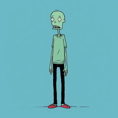 the zombie, illustrated by renowned artist jean jullien, stands in a hauntingly humorous pose, its undead body language exuding a sense of eerie playfulness, showcasing the artist's signature bold lines and vibrant colors, blending horror and humor in a unique visual representation of the undead creature. ai generatedの素材