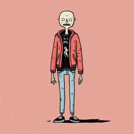 the zombie, illustrated by renowned artist jean jullien, stands in a full-body pose, showcasing its undead features, from tattered clothing to decaying skin, in a humorous and satirical take on the classic horror trope, perfect for fans of dark humor and spooky aesthetics. ai generatedの素材