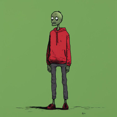 the zombie, illustrated by renowned artist jean jullien, stands upright in a full-body pose, showcasing its gruesome features, from the tattered clothes to the decaying skin, in a humorous and satirical take on the undead, perfect for fans of horror and dark humor. ai generatedの素材