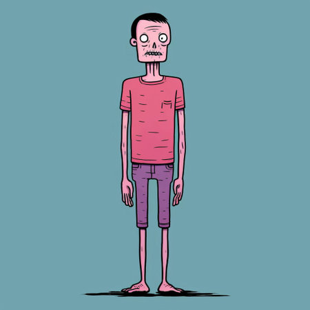 the zombie, illustrated by renowned artist jean jullien, stands in a hauntingly humorous pose, showcasing its full body in a vibrant yet eerie depiction, blending horror and comedy elements, perfect for fans of undead art and dark humor enthusiasts. ai generatedの素材