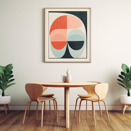 retro dining room minimalist monotype print showcases a nostalgic scene of a bygone era, featuring a sleek, modernist table surrounded by vintage chairs, adorned with subtle patterns and textures, evoking a sense of simplicity and elegance in home decor and interior design. ai generatedの素材