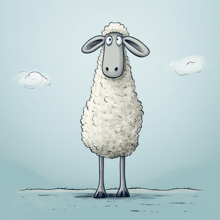 sheep stands awkwardly in a poorly drawn cartoon sketch, its full body depicted in a simplistic and humorous manner, with bold lines and vibrant colors, showcasing the artist's playful and whimsical style, perfect for adding a touch of quirky charm to any digital project or social media post. ai generatedの素材