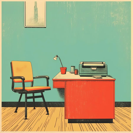 the office scene minimalist monotype print features a stylized, retro-inspired depiction of a vintage workspace, complete with a classic desk, chair, and old-fashioned typewriter, evoking a sense of nostalgia and simplicity in its bold, black and white design, perfect for modern decor with a touch of nostalgia. ai generatedの素材