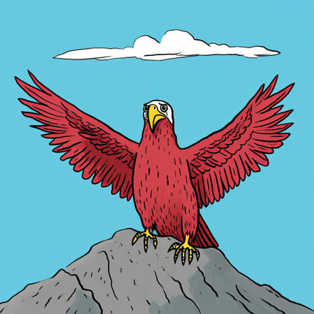 the eagle, with its majestic wings spread wide, soars through the vibrant blue sky, its sharp talons extended, exuding power and freedom, as captured in this stunning illustration by allie brosh, showcasing the bird's regal beauty and fierce spirit in a burst of colorful feathers and dynamic movement. ai generatedの素材