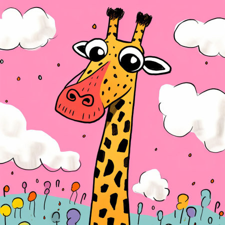 the giraffe, majestically standing in the savannah, its long neck and legs a striking feature, is captured in a whimsical illustration by allie brosh, showcasing the artist's unique style and attention to detail, evoking a sense of wonder and curiosity about these gentle giants of the african wildlife. ai generatedの素材