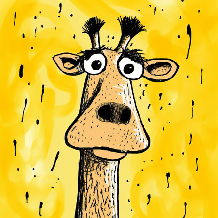 a giraffe, illustrated in a whimsical style by artist allie brosh, stands tall amidst a vibrant background, its long neck and legs a testament to its unique physiology, evoking a sense of wonder and curiosity about these majestic african animals and their natural habitats. ai generatedの素材