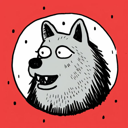 the wolf, majestically depicted in a whimsical illustration by allie brosh, exudes a sense of wild freedom, its piercing eyes and sharp teeth a testament to its untamed nature, set against a simple yet evocative background that highlights its rugged beauty and primal power. ai generatedの素材