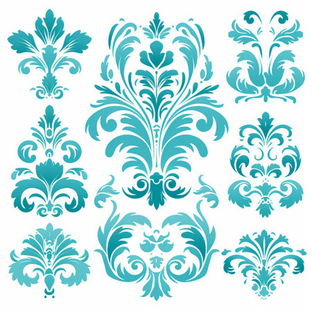 the damask pattern features an intricate cyan design on a crisp white background, perfect for use as a vector icon or element in digital designs, adding a touch of elegance and sophistication to any project, website, or application. ai generatedの素材