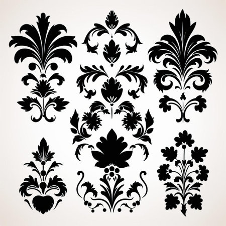 damask patterns adorn this stunning vector icon set, showcasing intricate floral designs on a crisp white background, perfect for adding an touch of elegance and sophistication to any design project, ideal for luxury branding, wedding invitations, and high-end packaging. ai generatedの素材