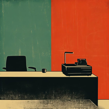 office nostalgia abounds in this minimalist monotype print, featuring a retro workspace complete with vintage typewriters, old-fashioned telephones, and classic desk lamps, evoking a sense of simplicity and elegance in a bygone era of administrative work and clerical duties. ai generatedの素材