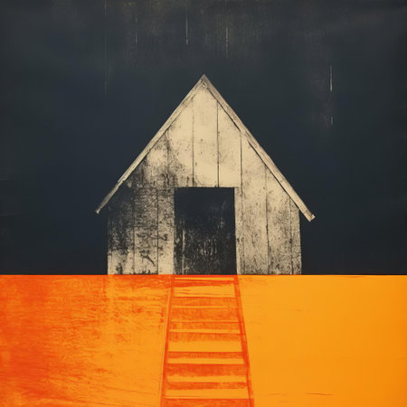 the attic, a serene and intimate space, is beautifully captured in this minimalist monotype print, evoking a sense of retro nostalgia with its subtle, earthy tones and simple, yet elegant lines, transporting viewers back to a bygone era of understated sophistication and classic charm. ai generatedの素材