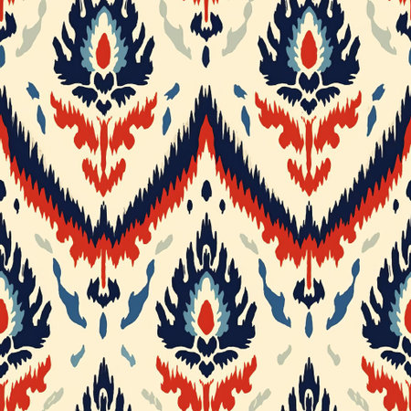 the vibrant ikat pattern textile features a mesmerizing blend of colors and shapes, showcasing the ancient art of resist dyeing, where threads are carefully tied and dyed to create a unique, blurred design, often used in traditional clothing and home decor accessories, adding a touch of cultural elegance. ai generatedの素材