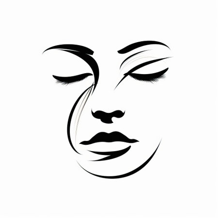 the stylized face, depicted in a minimalist line art vector style, showcases a serene and emotive expression, perfect for illustrations, designs, and digital art projects requiring a simple yet impactful visual element, evoking feelings of calmness and tranquility. ai generatedの素材