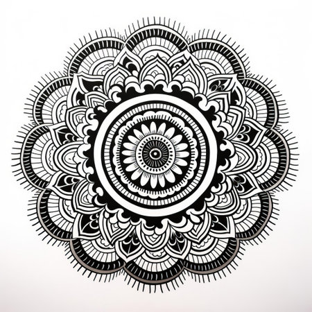 the mandala, a mesmerizing representation of nature's geometric patterns, features intricate black lines against a pristine white background, evoking the spirals found in seashells and flowers, showcasing crisp and clear line art with no shadows or gradients, drawing the viewer's eye to its captivating center. ai generatedの素材