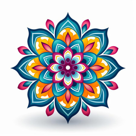 the mandala, an iconic symbol of intricate patterns, stands out against a crisp white background, showcasing its vibrant colors and mesmerizing design, perfect for those who appreciate minimalistic yet striking artwork, spiritual symbolism, and geometric beauty. ai generatedの素材