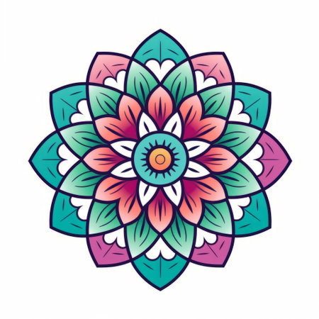 the mandala, an iconic symbol of intricate patterns, is beautifully depicted on a minimalistic white background, showcasing its vibrant colors and delicate line engravings, creating a stunning visual representation of spiritual harmony and balance, perfect for meditation and relaxation. ai generatedの素材