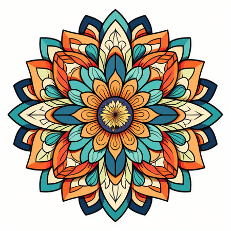 the mandala, an iconic symbol of intricate patterns, is beautifully depicted on a minimalistic white background, showcasing a stunning color palette and exquisite line engraving details, evoking a sense of serenity and spiritual connection in this visually striking design. ai generatedの素材