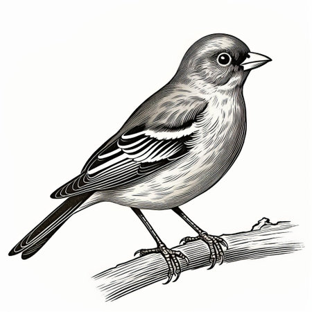 the chaffinch stands proudly in this exquisite antique woodcut engraving, showcasing its intricate details in a stunning dark academia vintage style, reminiscent of halloween, with a beautiful black and white silhouette set against a clean white background, evoking a sense of scientific illustration and entomology. ai generatedの素材