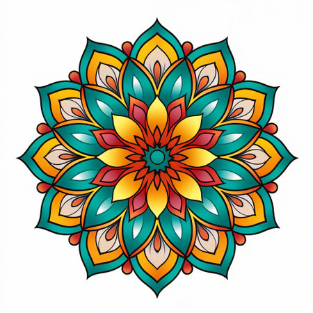 the mandala, an iconic symbol of intricate patterns, is beautifully showcased against a clean minimalistic white background, allowing the vibrant colors and delicate line engravings to take center stage, creating a stunning visual representation of spiritual harmony and balance. ai generatedの素材