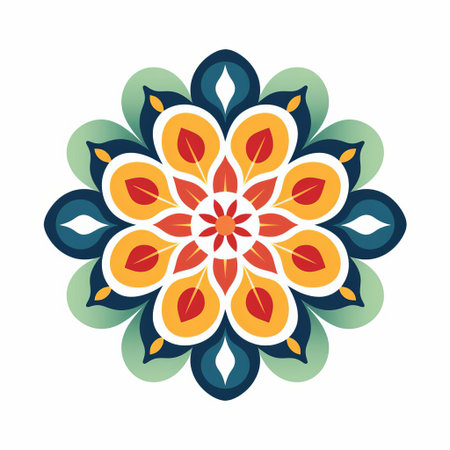 the mandala, an iconic symbol of intricate patterns, stands out against a clean minimalistic white background, showcasing its vibrant colors and vintage charm, evoking a sense of spiritual harmony and visual balance in this stunning digital illustration. ai generatedの素材