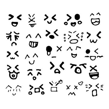 doodle faces set. The facial expressions, eyes and mouth concept for design. From the hand drawn cartoon emotions. Illustrationの写真素材
