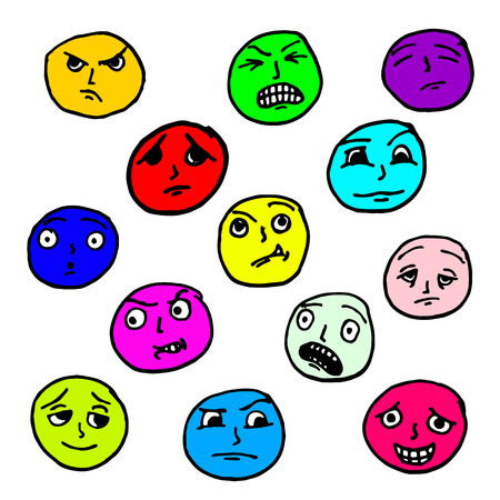 Set doodle faces. The facial expressions, eyes and mouth concept for design. From the hand drawn cartoon emotions. Vector illustrationのイラスト素材