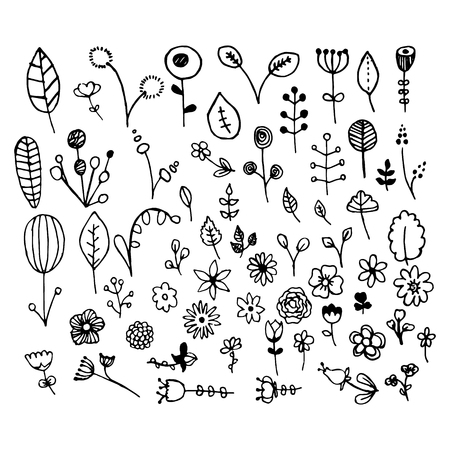 A set of hand-drawn plants. Doodle plants in retro style. Illustrationの写真素材